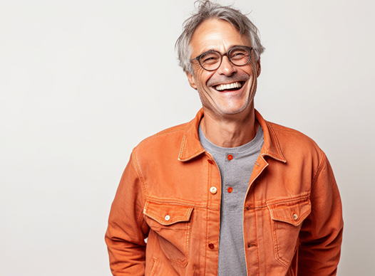 man with a big smile in an orange shirt