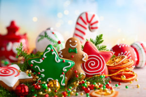 Sugary holiday foods and decorations