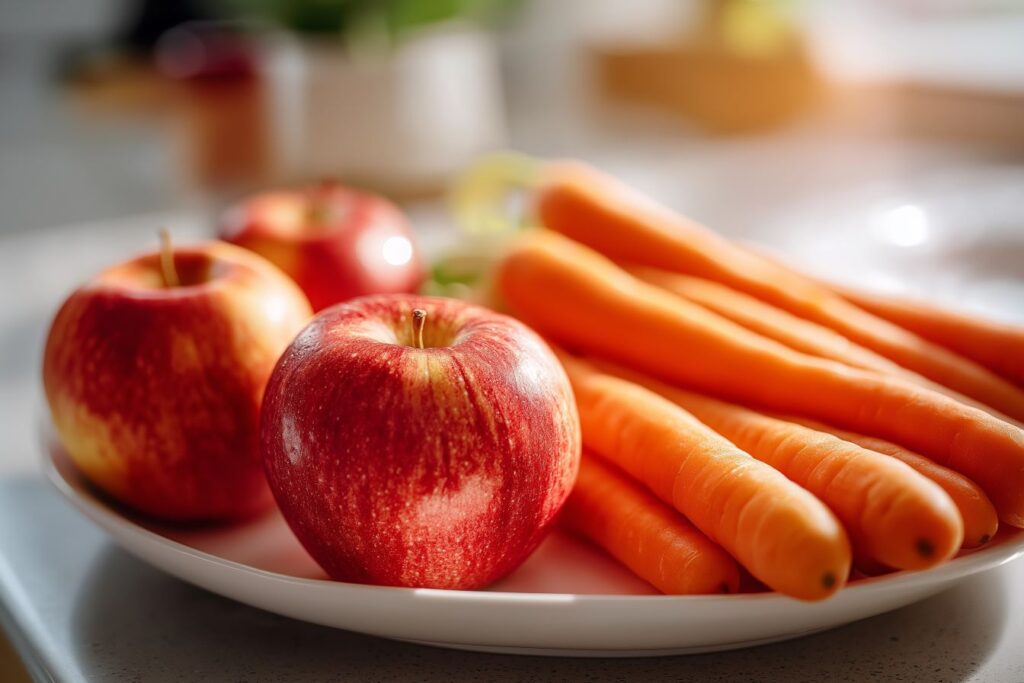 Raw apples and carrots on white plate